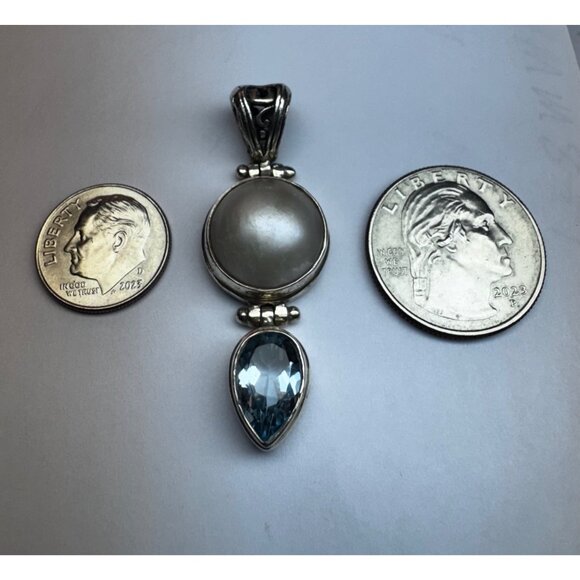 925 Sterling Silver Pearl & Blue Topaz Teardrop Pendant Vintage Estate Jewelry - Picture 7 of 9